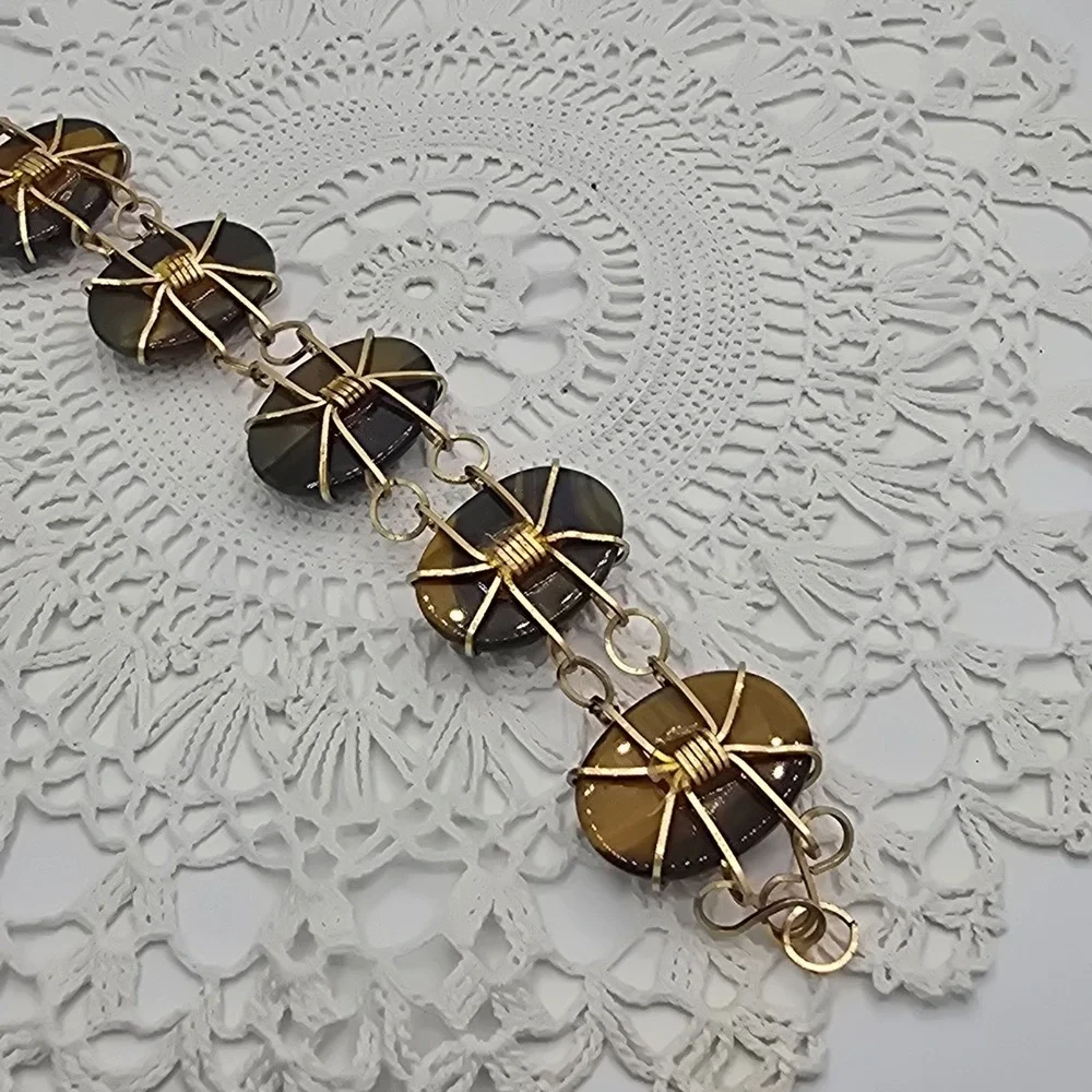 Vintage Tigers Eye Bracelet Stone Gold Tone 7 Inches MCM